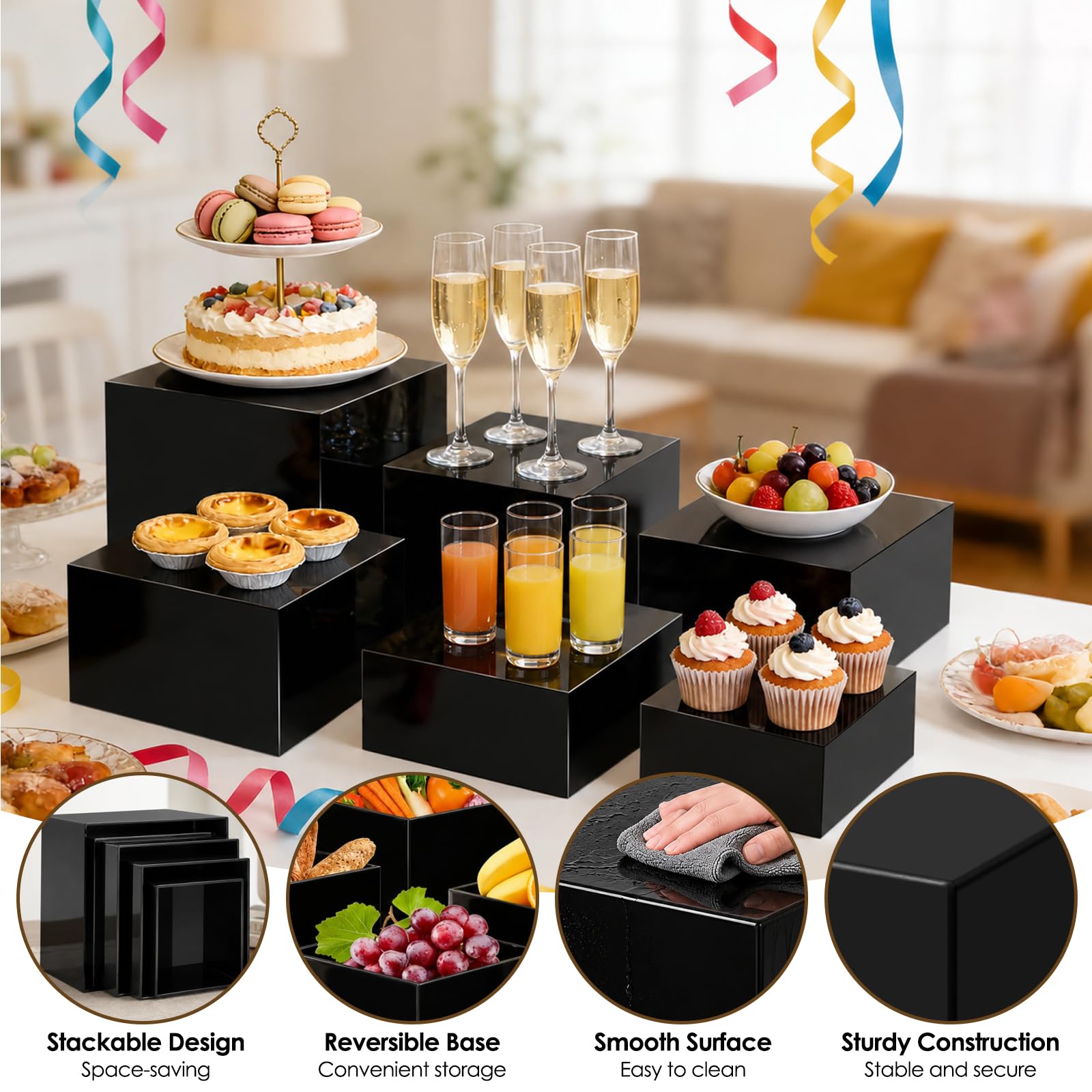 6 soportes de exhibición negros para alimentos y pasteles, elevadores de bufé, cajas de exhibición acrílicas, soportes de postre para exhibición de mesa de buffet, torre de cupcakes, soporte