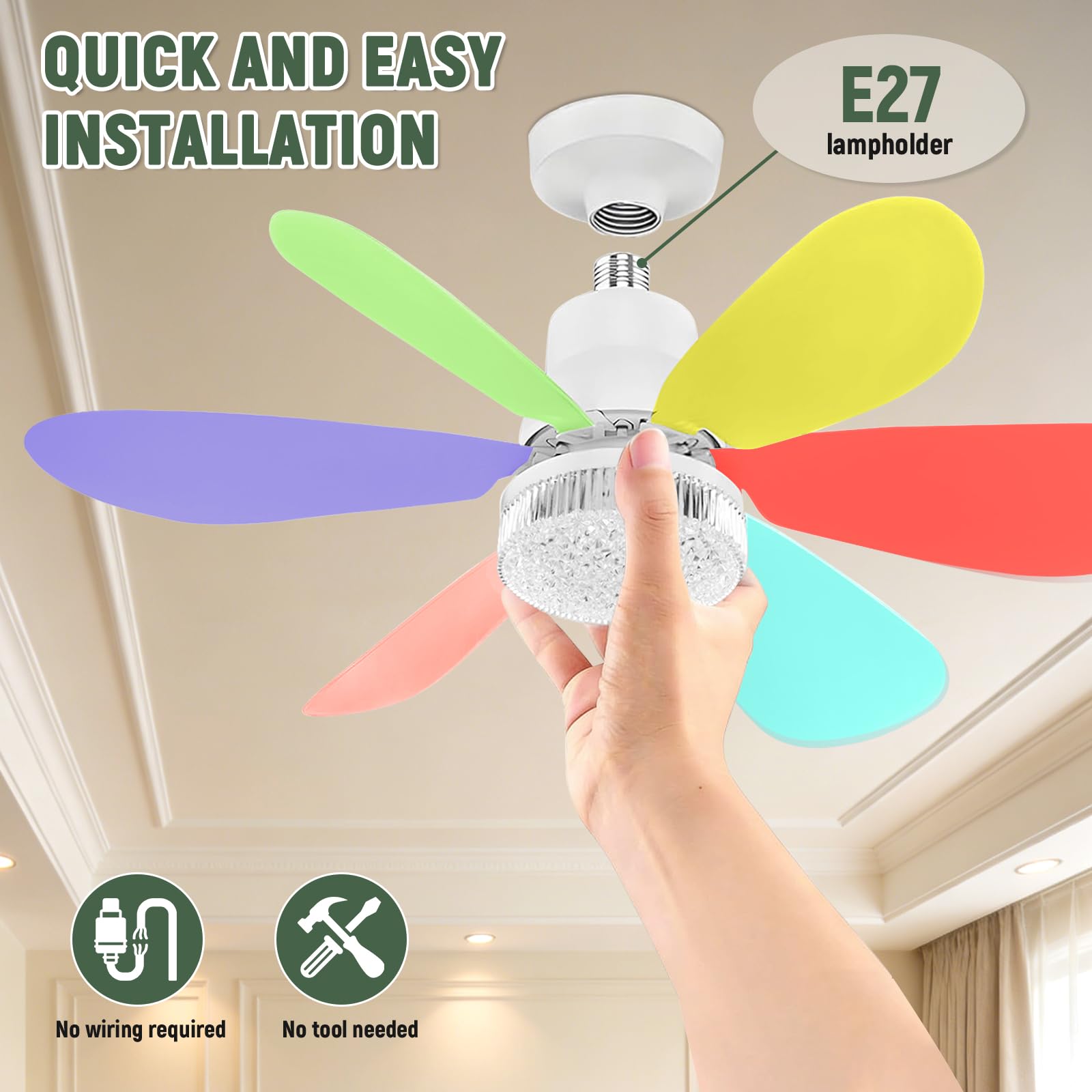 Ventilateur de Plafond avec Lumière et Telecommande, Ø52cm LED Plafonnier Dimmable Ventilateur avec 40W E27 Lampe Cristal Intégrée, 6 Pales, 3 Vitesses, Silencieux, pour Chambre, Salon (Multicolore)