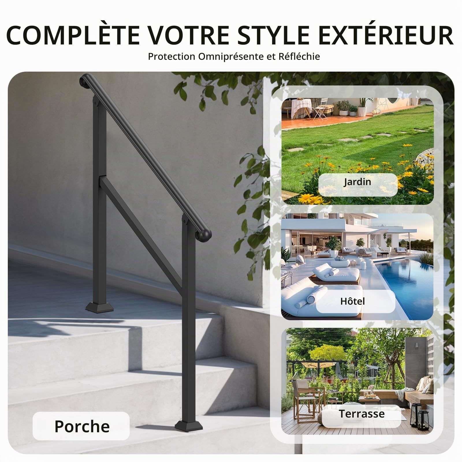 VEVOR Rampe d'Escalier pour 2-3 Marches Extérieures Main Courante Escalier avec Kit d'Installation, 1 Barre Transversale, Garde Corps Intérieur pour Personnes Âgées, Porche, Terrasse, Maison, Noir