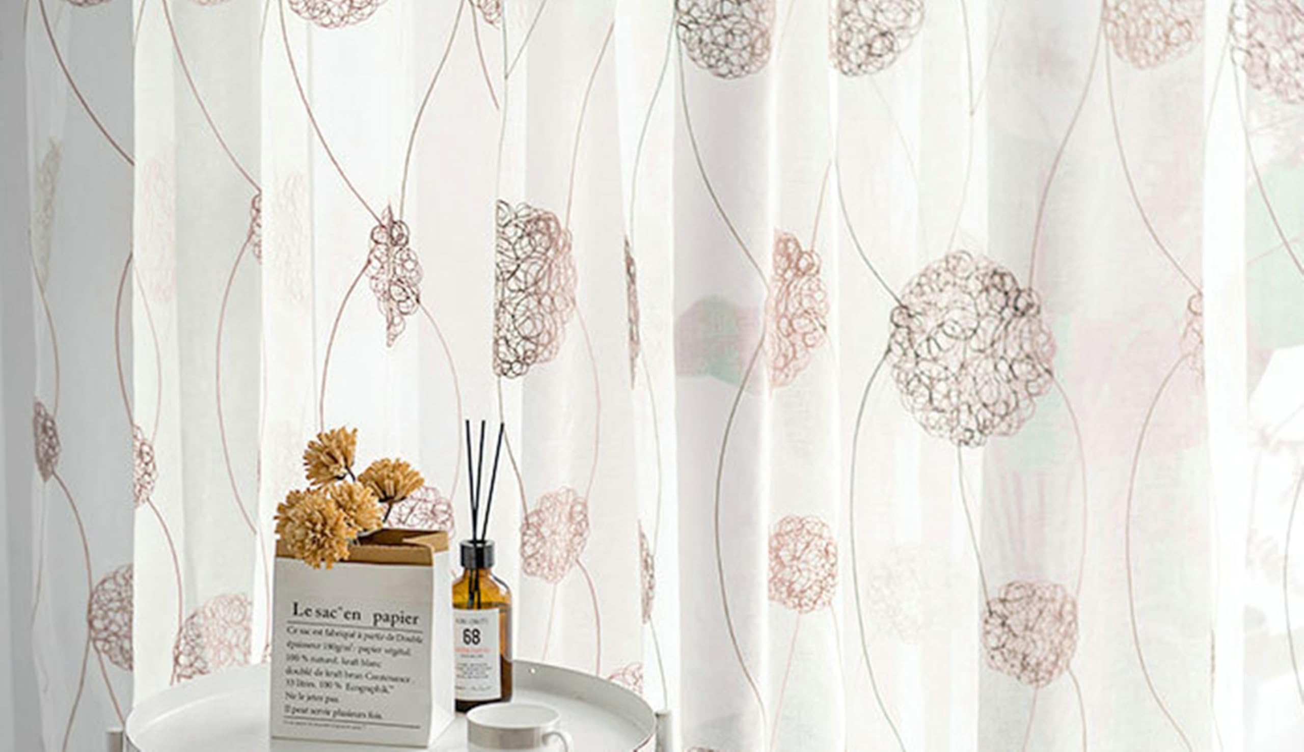 Fenster Voile Vorhänge Transparent 2 Stück Braun und Weiß 107 Breit, Polyesterleinen Bestickt Haken Wohnzimmer Vorhänge Kurz, H229 x B107 cm