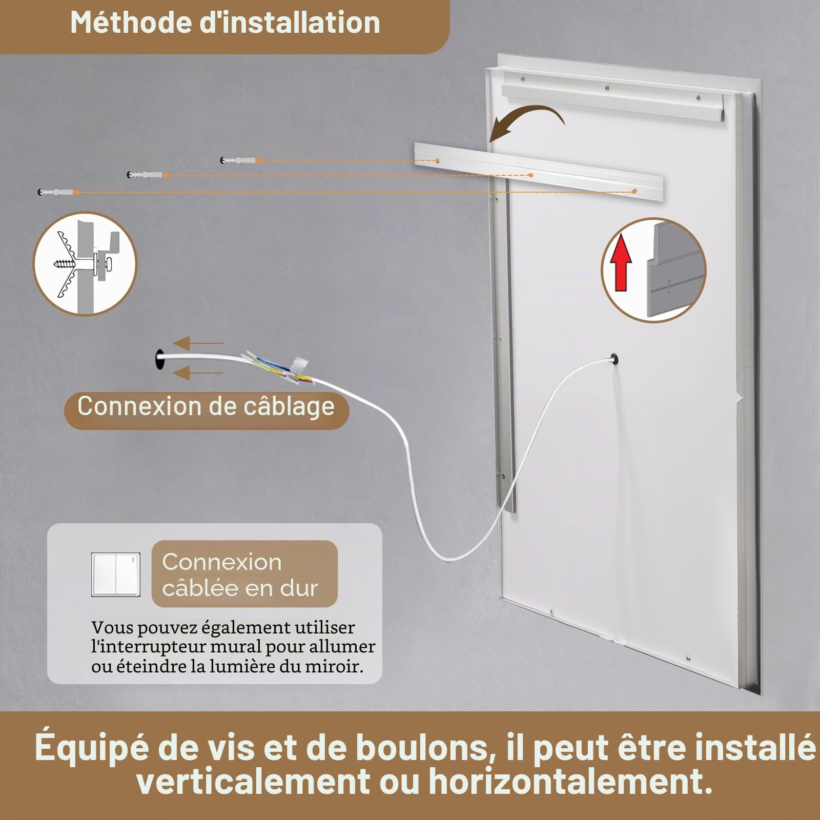 Miroir de Salle de Bain LED 70 x 50 cm avec éclairage et Fonction Anti-buée, rétroéclairage RVB, éclairage Avant 6500 K, Miroir Intelligent avec Fonction de Changement de Couleur