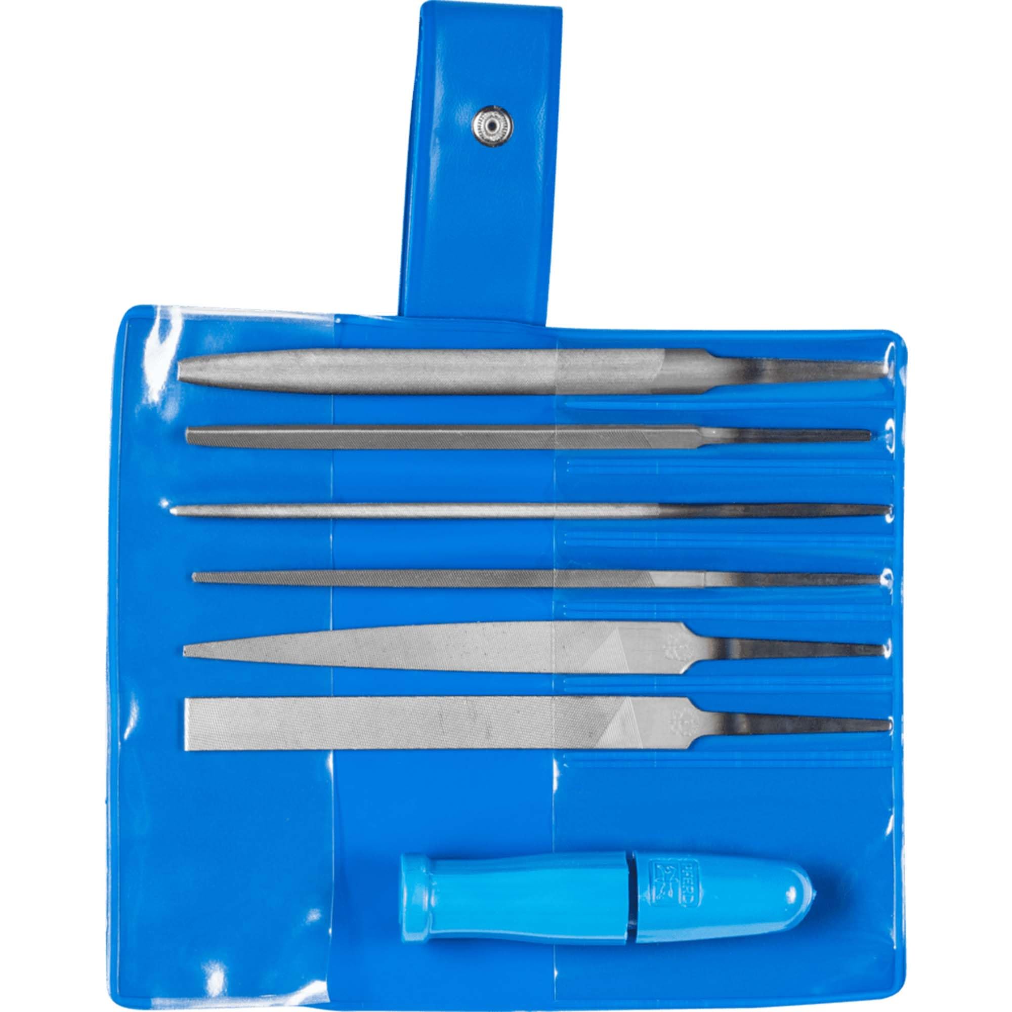 PFERD Assortiment de limes à clé 265 A en étui plastique, 6 limes, 100 mm, 1 manche à serrage rapide, 11702100 – pour une large palette de travaux de limage filigranés et légers