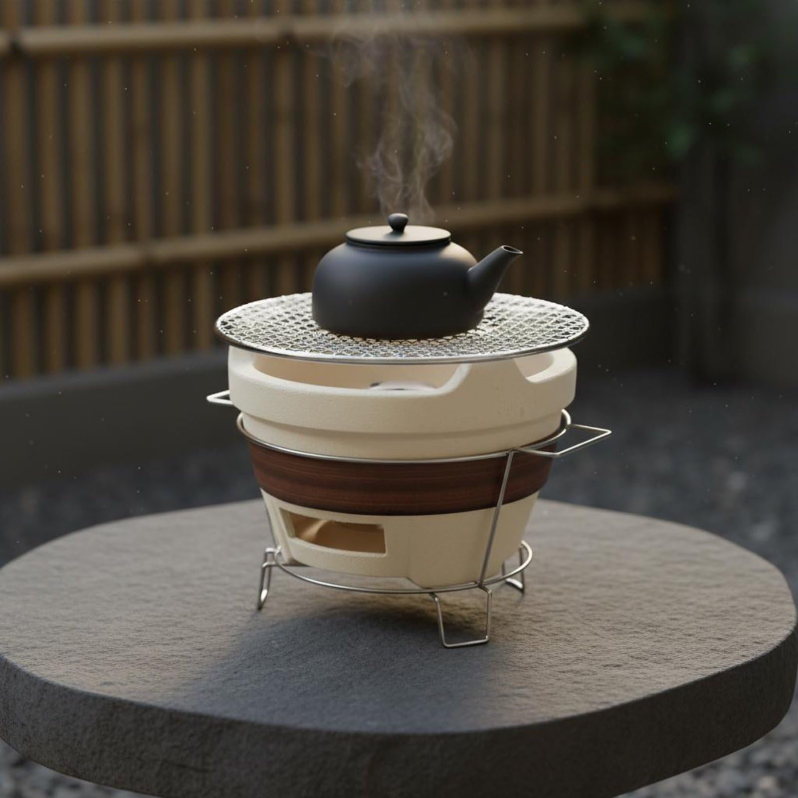 Estufa de Barbacoa Exterior Parrilla de Carbón Brasero de Cerámica Calentador Bebidas con Doble Ventilación y Base Metálica Estable Adecuada para Camping Patio Picnic, Pequeño