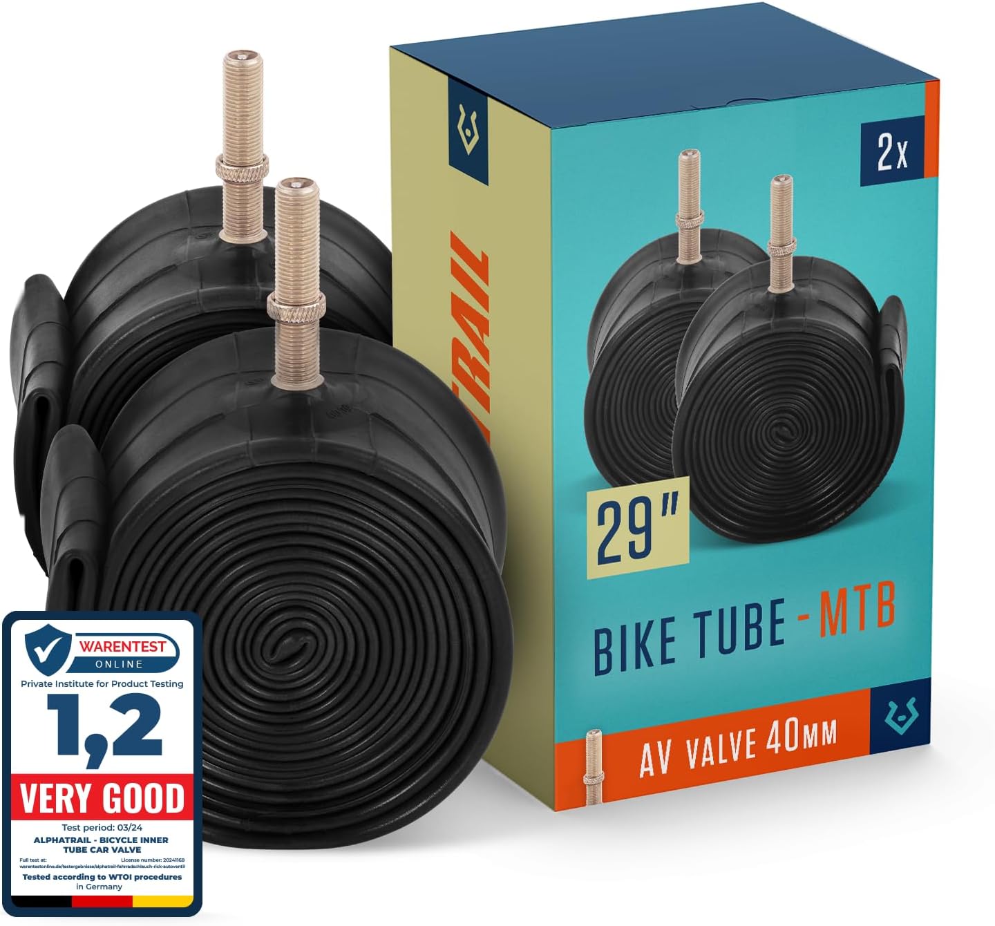 Alphatrail MTB Bicycle Inner Tube Rick 29 Inch AV Schrader Valve 2x Set with Mobility Guarantee I Compatible Bike Tyres Continental, Conti, Schwalbe, Maxxis, Michelin & Vittoria Bike Tube