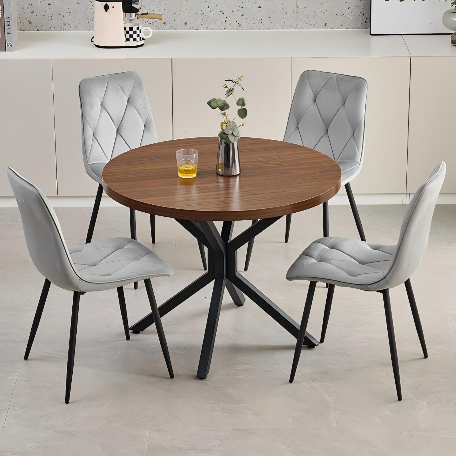 Homullel Round Dining Table and Chairs Set 4 Seater Kitchen Dining Set, 5 Pieces Table & Chairs Dinner Table Set for 4 (Walnut Brown Cross, 4 Seats, Grey Velvet Diamond)