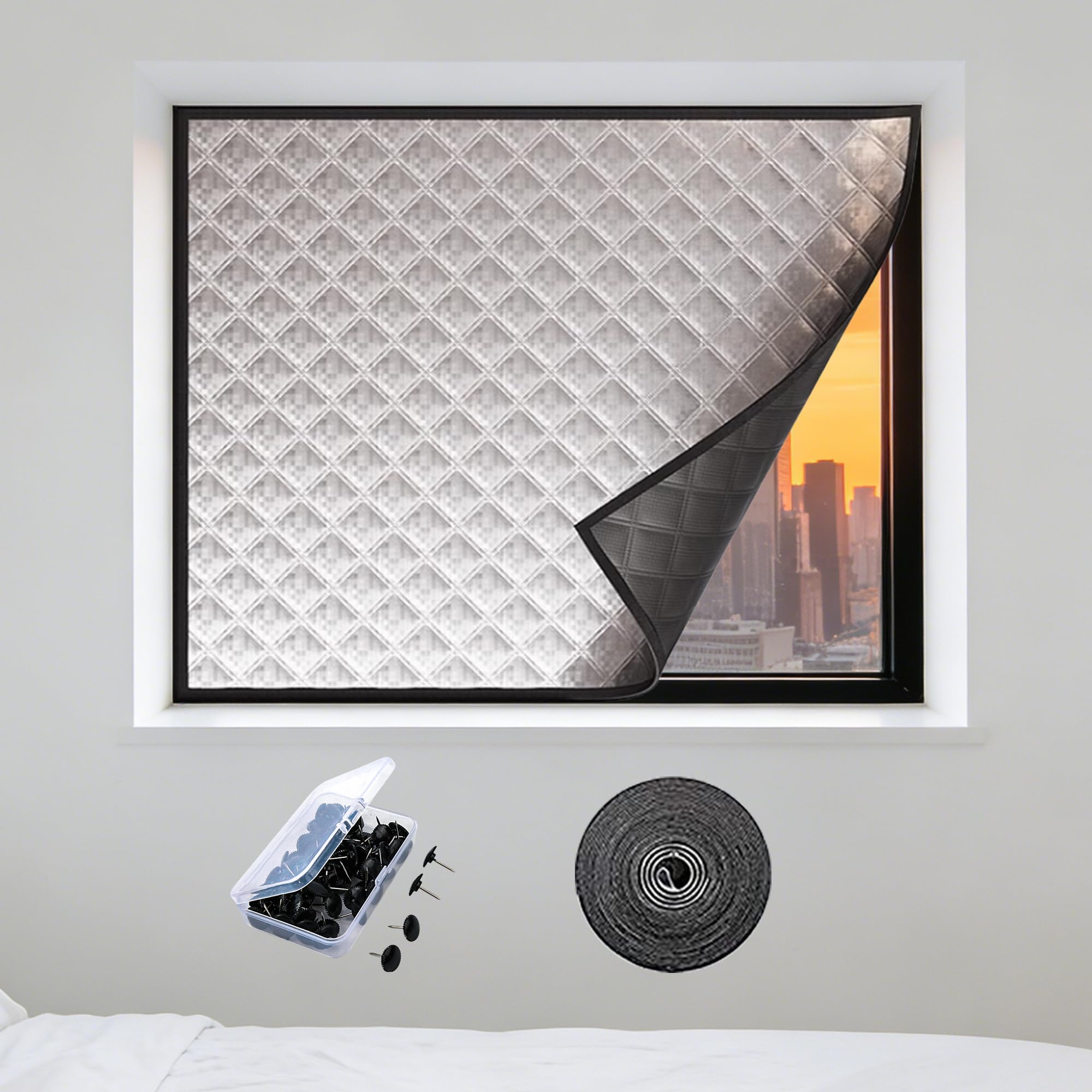 Película Aislante para Ventanas 75 x 180 cm Viento y Ruido Cubierta de Ventana de Algodón Grueso Reutilizable para Baño, Apartamento, Dormitorio, Sótano, Plata