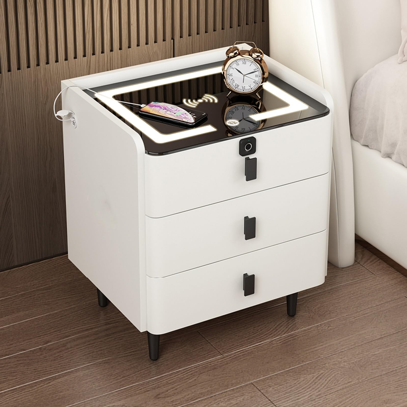 Table de chevet blanche haute brillance en bois massif avec technologie LED et tiroirs USB