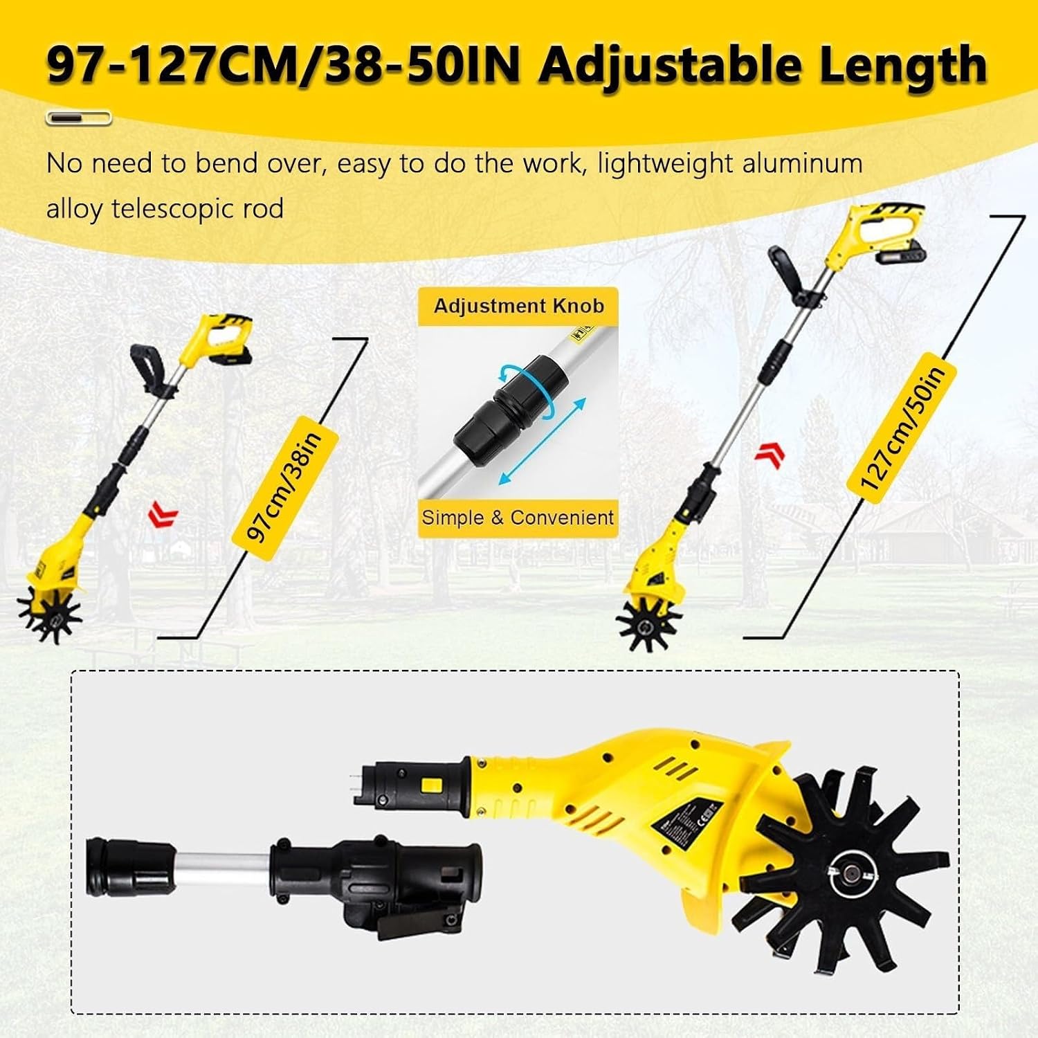 Garden Tiller, Battery Powered Garden Cultivator with 97-127cm/38-50in Adjustable Length, Cordless Garden Tiller Cultivator for Lawn,Farms,Yard,Soil