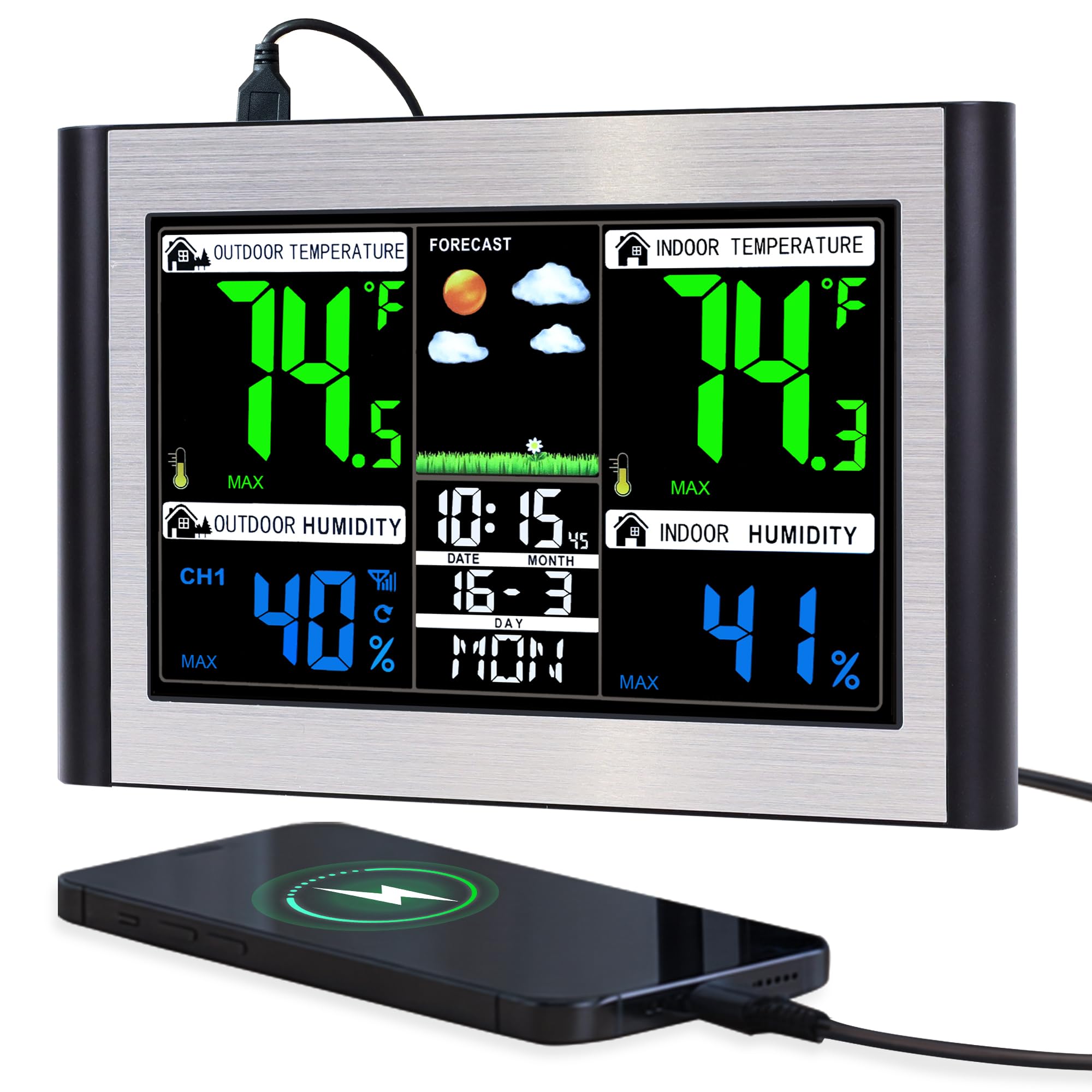 Color Display Digital Weather Thermometer, Inside Outside Temperature Humidity Monitor, USB Port, Adjustable Backlight Home Weather Stations Wireless Indoor Outdoor, Alarm Clock