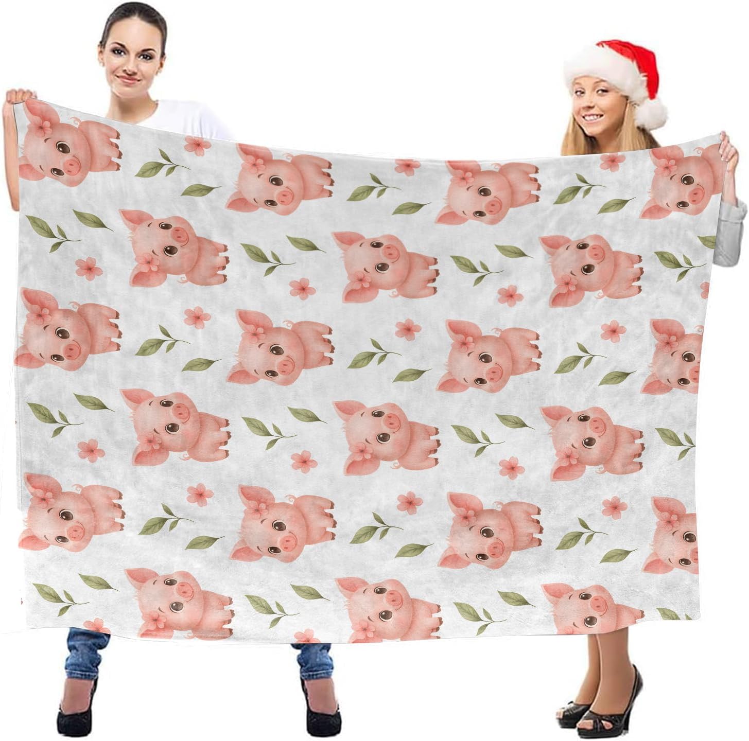 Cute Piglet with Floral Throw Blanket, Lightweight Warm Flannel Blankets, Home Decor and Gifts, Soft Cozy Throws for Women Girls Kids, 50"X60" for Bed Couch Travel Office