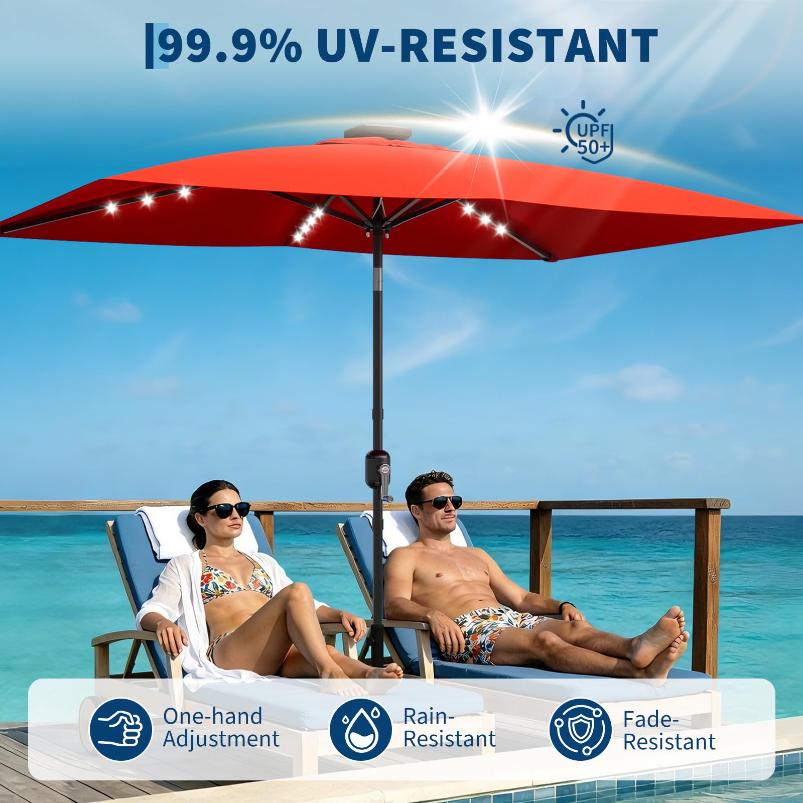 Faltbarer Rechteckiger Sonnenschirm Mit Solar-LED-Licht, Sonnenschutzdach Mit Kurbel Und Kippfunktion, Atmungsaktiver Sommerschirm, Für Strände Und Schwimmbäder, 300x200x250cm (Ohne Sockel)