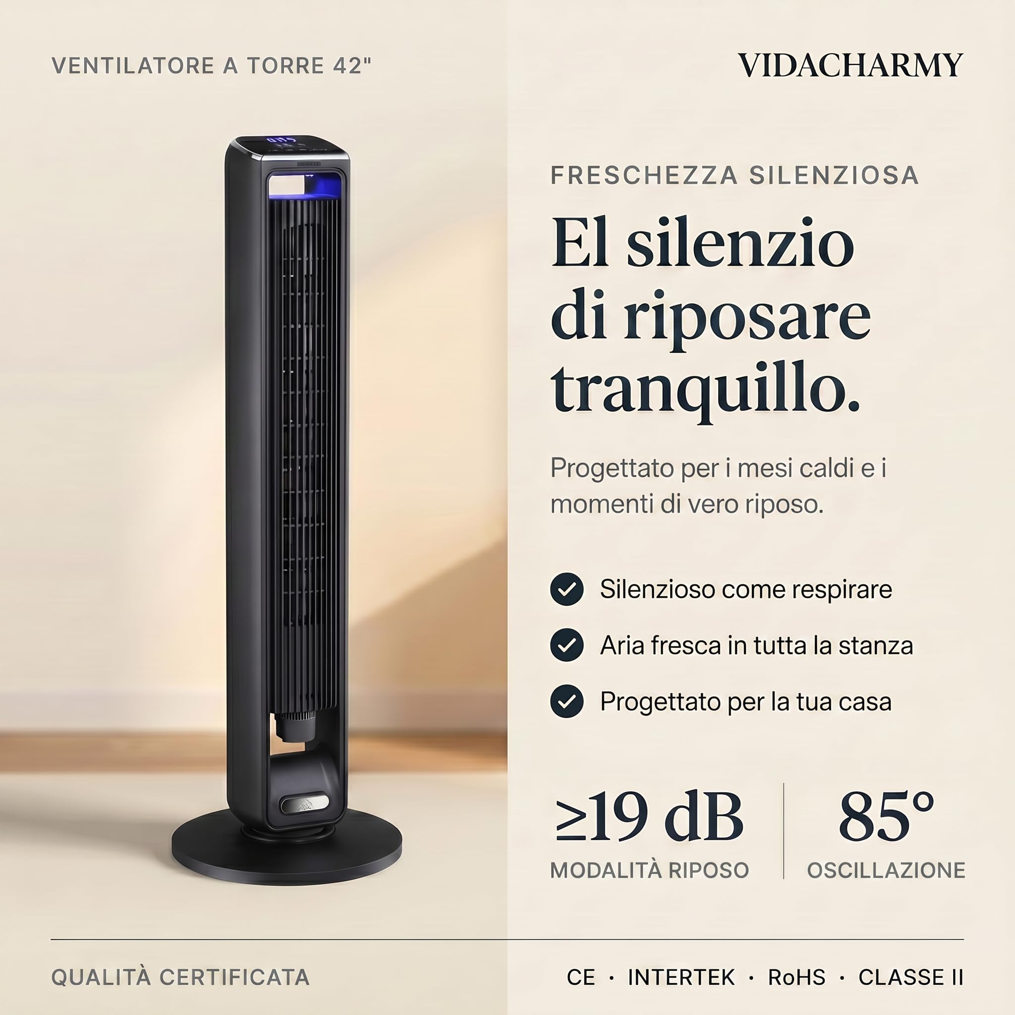 Ventilatore a torre (107 cm), 19 dB, velocità fino a 8.2 m/s, display LED touchscreen, telecomando, 3 velocità, timer da 15 ore, oscillazione di 85°, silenzioso, raffreddamento rapido