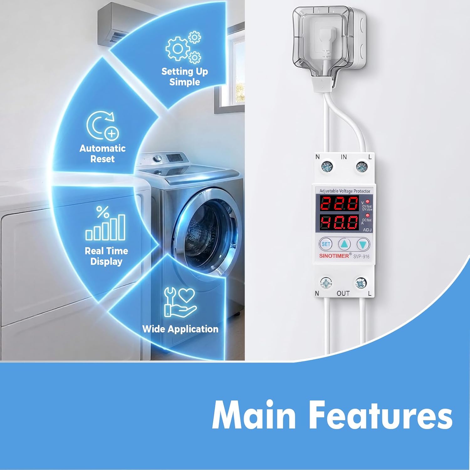 Adjustable Voltage Surge Protector 220VAC, 2 LED Displays, Overvoltage and Undervoltage Current Limit Relay, Smart Circuit Breaker AC Disconnect, 60Hz 40A with DIN Rail Mount