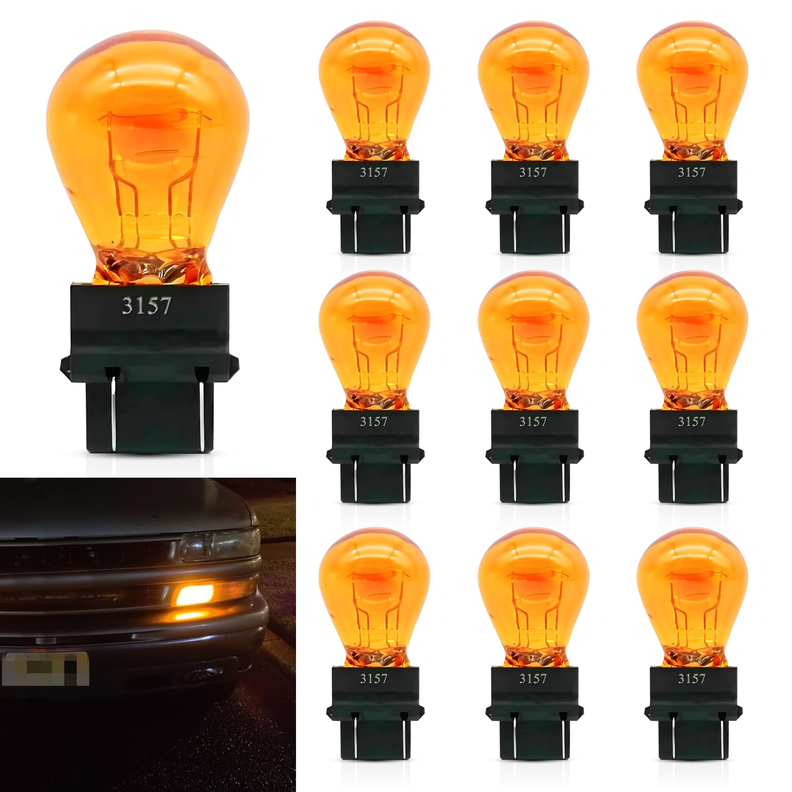 Bombilla halógena Eratus 3157 (10 unidades, 12 V, 21,5 W, BAY15D), doble filamento, luz de freno, cristal de cuarzo, resistente al agua, alto brillo, luz indicadora Plug and Play para la mayoría de los coches, ámbar.
