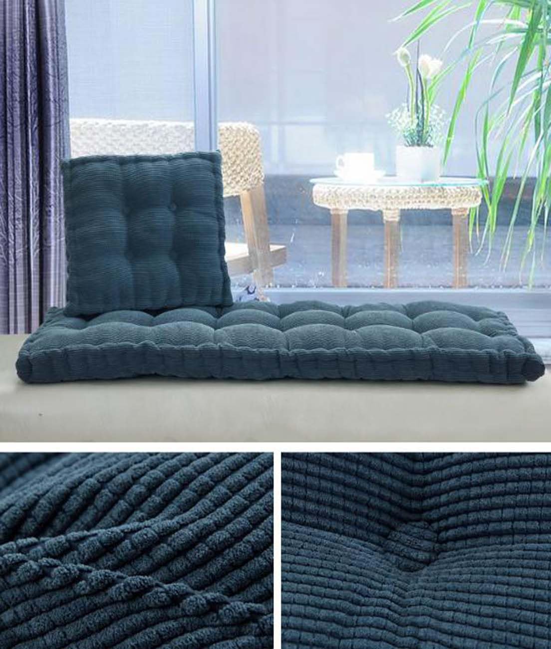 Gruba poduszka na ławkę z oknem wykuszowym, do wewnątrz/na zewnątrz, na sofę 2-, 3, 4-osobową, meble do jadalni i werandy, 110 x 40 cm, stylowy niebieski kolor