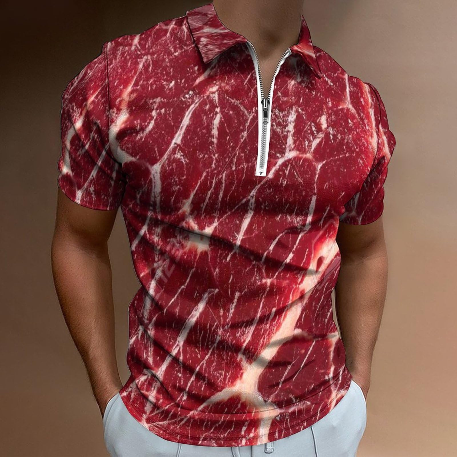 トップス butcher products POLO Beef Steak Texture Meat Golf Polo-Shirt for Men with Zipper
