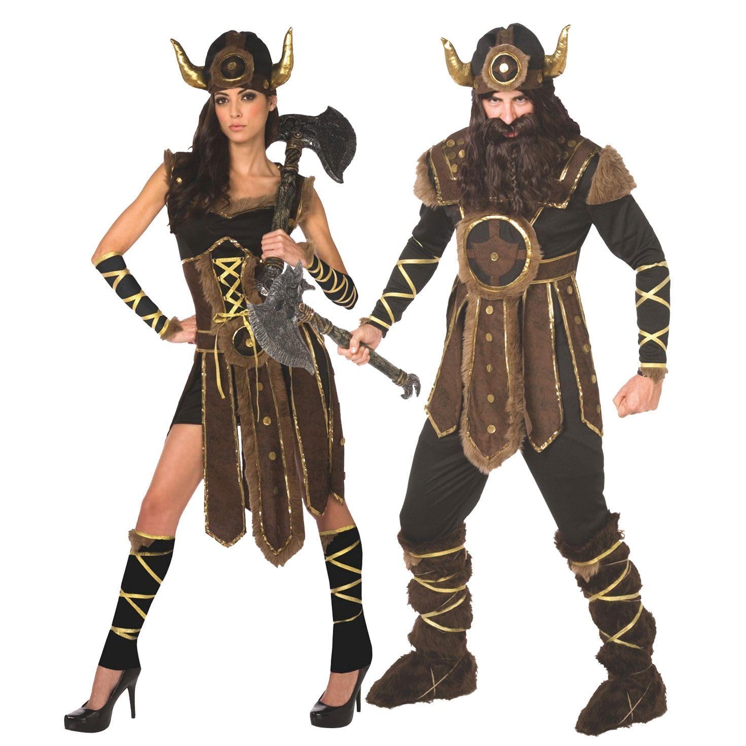 Morph Deguisement Viking Femme, Costume Nordique Halloween Femme | Robe Marron, Chapeau à Cornes, Brassards & Jambières, Look Nordique, Parfait pour Halloween, Idéal pour se Déguiser