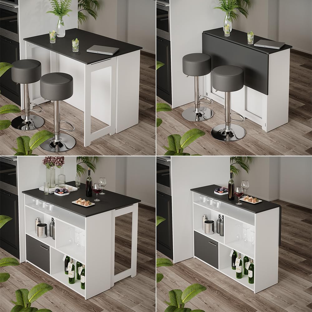 Vicco Set de Mesa de Bar Dominic, Antracita/Blanco, 116 x 37 cm con 2 taburetes de Bar, Tablero de Mesa abatible para Uso Flexible en Espacios pequeños