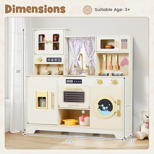 Miniatura 36 de HONEY JOY Juego de cocina para niños, cocina de juego de madera para niños pequeños, máquina de hielo y cafetera, estufa, grifo, microondas, armario