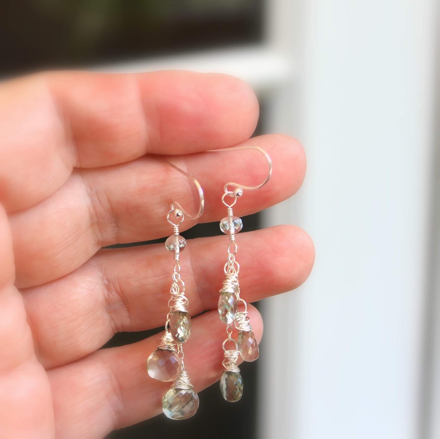 Green Amethyst Earrings Sterling Silver Prasiolite Briolette Dangle Cascade - Image 5