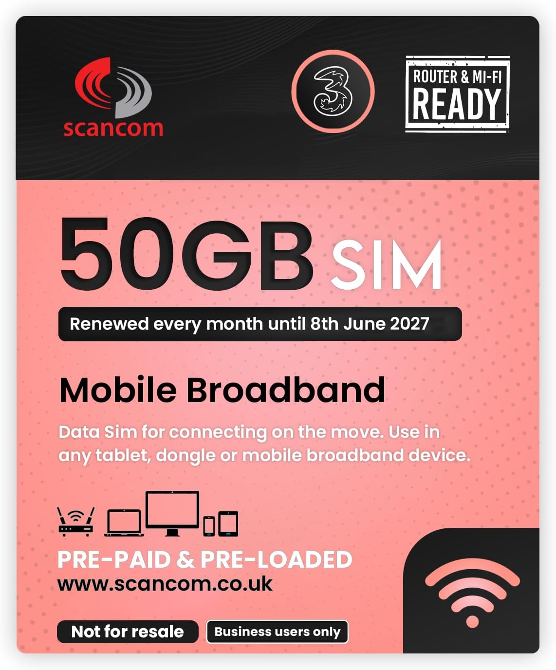 Three 50GB Data SIM - 5G Preloaded Every Month from now until 8th June 2027 - Perfect For Wifi Routers, Tablets & Phones - Business Grade 5G Data (50GB Expiry June 2027)