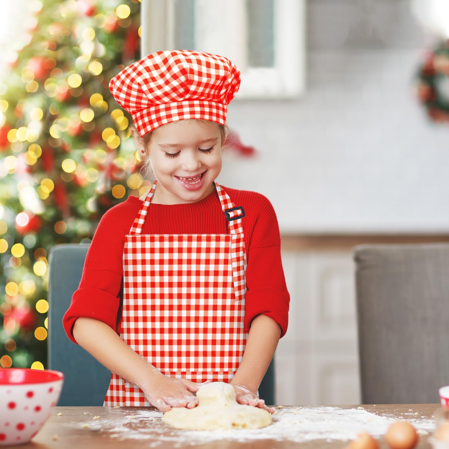 TOPWAYS Grid Kids Apron and Chef Hat Set, Adjustable Check Child Chef Aprons with 2 Pockets - Image 2
