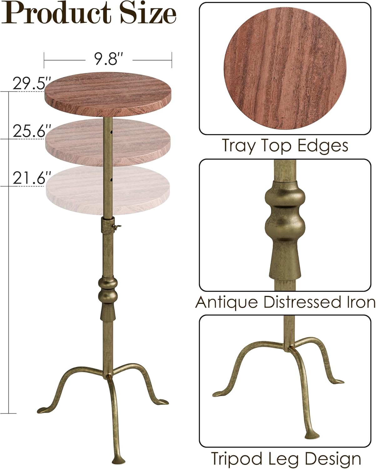 Adjustable Height Round Pedestal Table - 22-30 Inch, Modern Martini Cocktail End Table with Natural Travertine Top & Antique Brass Base for Small Spaces Living Room, Bedroom (Red Travertine)
