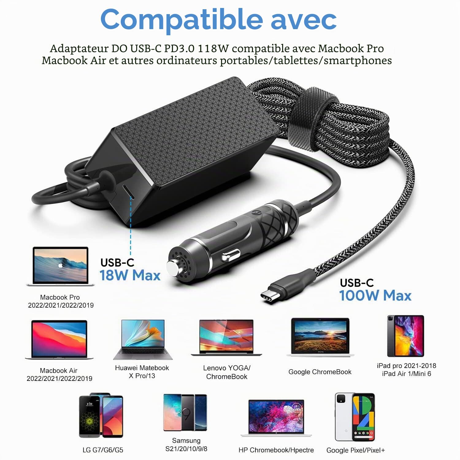 KFD 118W USB-C Chargeur de Voiture pour Macbook Pro 13 15 14 16 Pouces 2021,Macbook 12'' Macbook Air 13'' M2 2022 M1 ASUS ZenBook 20V Double Interface USB-C PD 3.0 18W Tablette Portable Alimentation