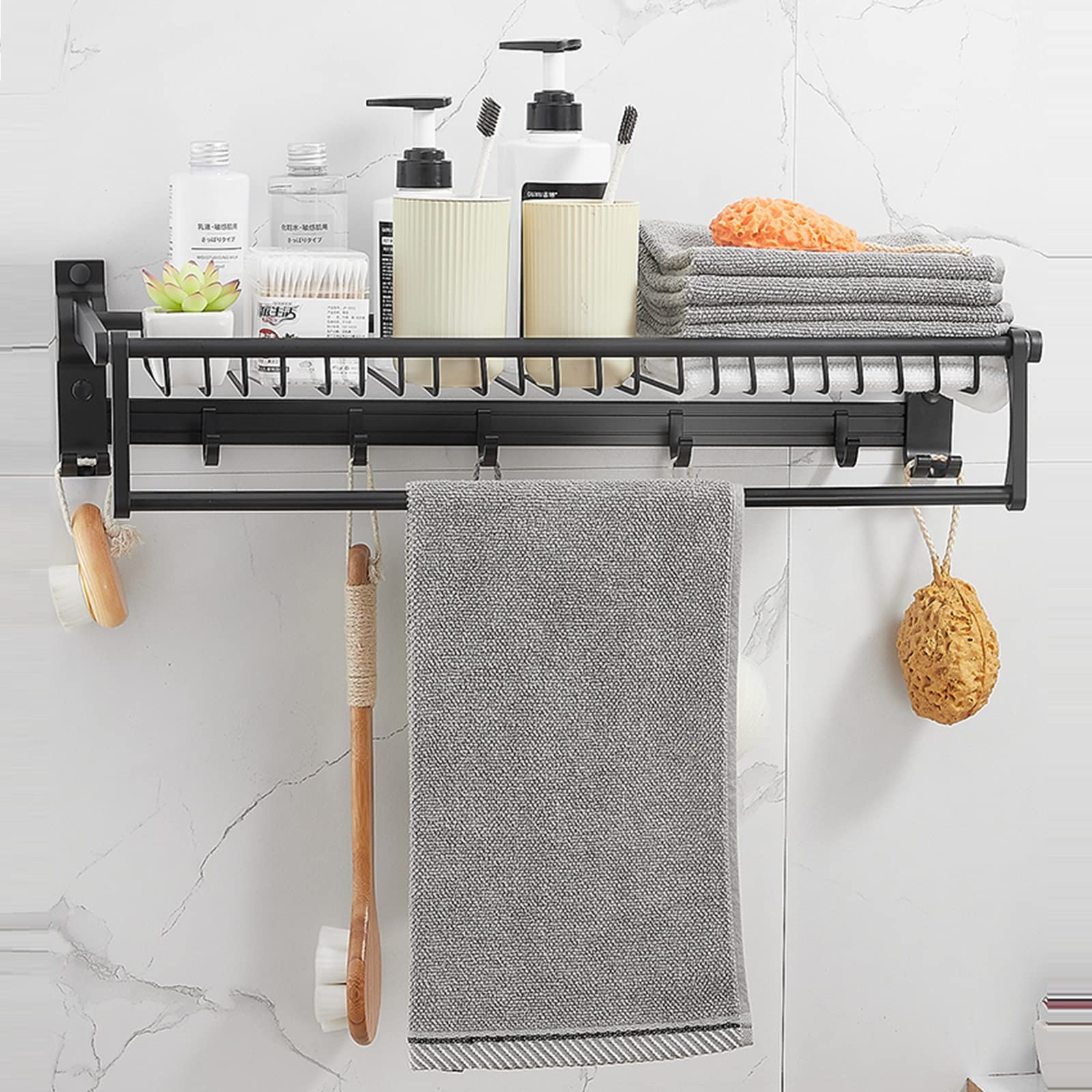 NEECS Porte-Serviettes avec Crochet Porte-Serviettes Auto-adhésif Noir sans perçage Support Mural Espace Pliable en Aluminium pour Salle de Bain et Cuisine, 50 cm (Taille : 40 cm)