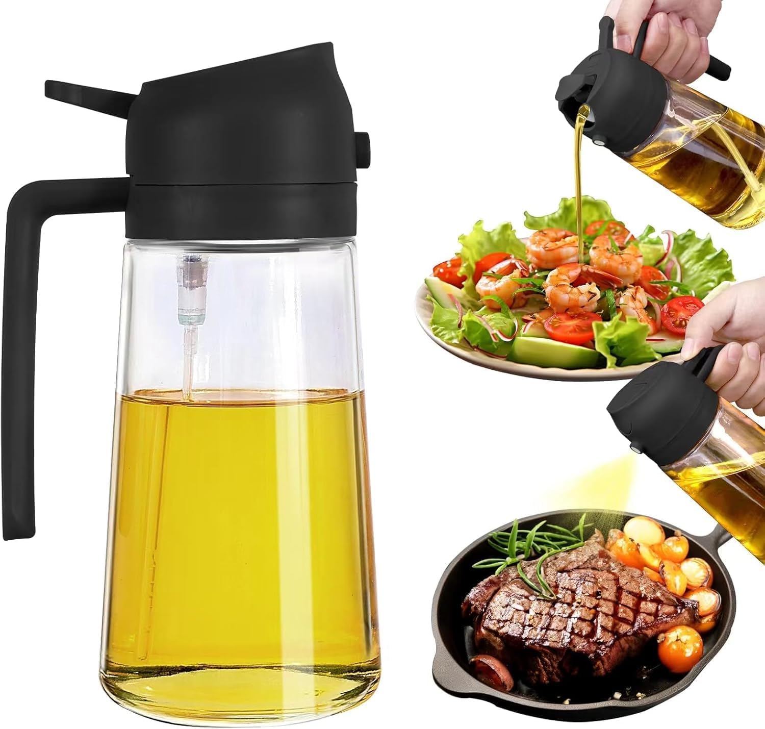 Vasukie 500ML Oil Sprayer for Cooking, 2 in 1 Olive Oil Dispenser Bottle, Glass Oil Spray Bottle with Handle, Fine Mist & Pour, for Air Fryer, Salad, BBQ, Roasting & Kitchen (2 in 1 Oil Bottle)