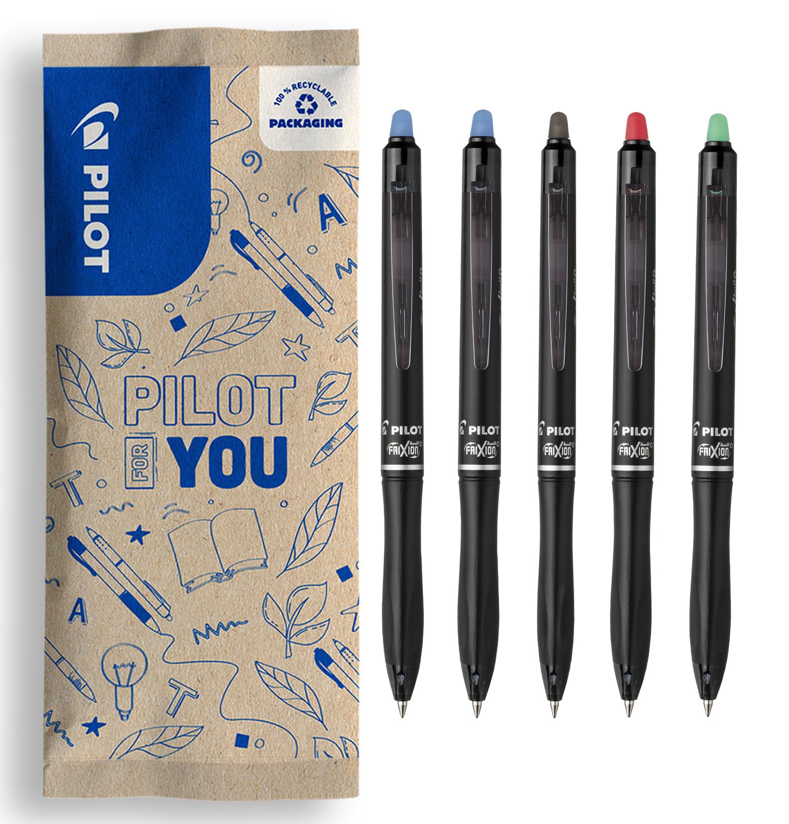 Set of 5 FriXion Ball Plus - Ergonomic Eraser Pens - Retractable & Refillable - Made from Recycled Plastic - 2 Blue by PILOT – 1 Count (Pack of 1), Model FLW490494PCE