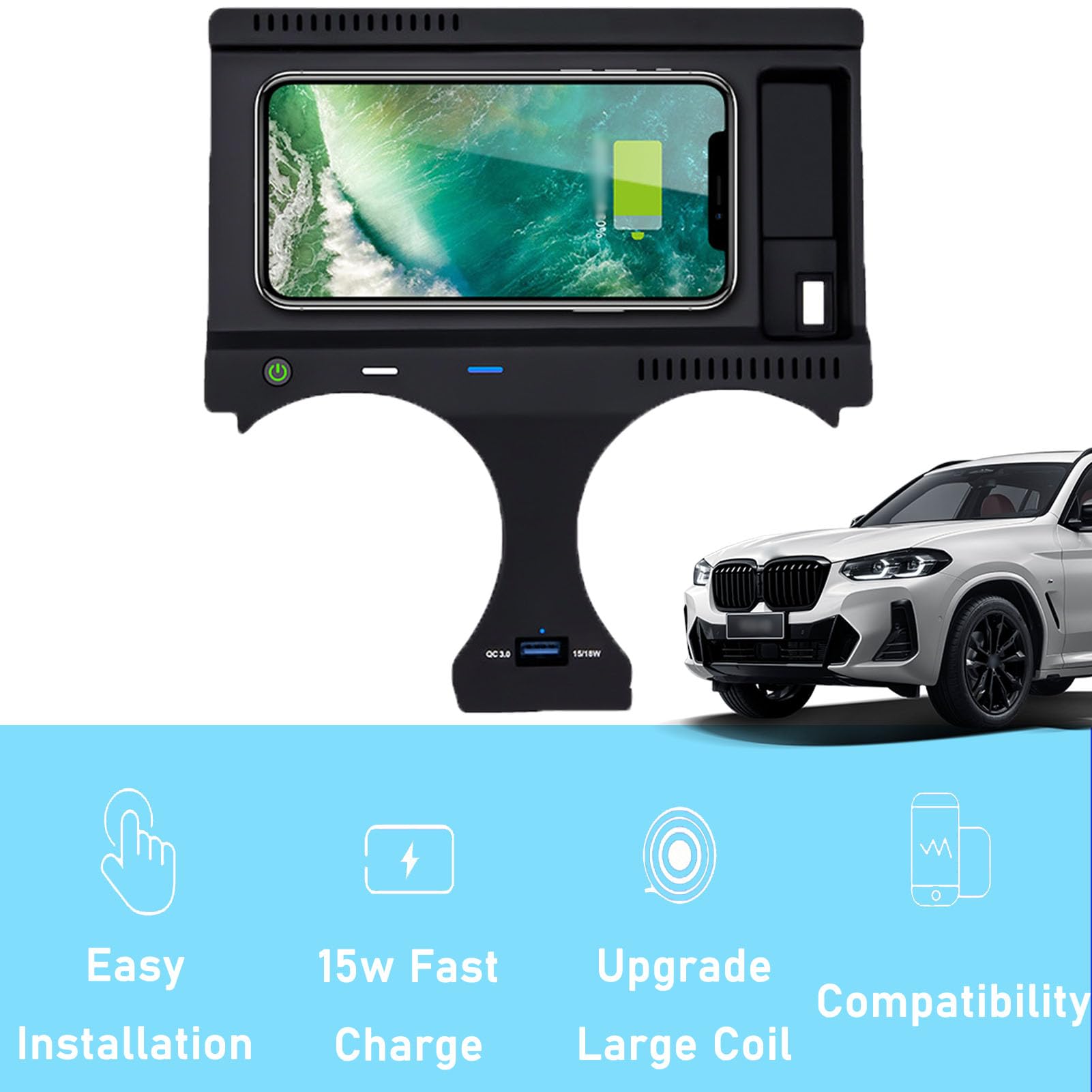 Cenna Caricabatteria per Auto Wireless per BMW X3/x3m (2018-2022) X4/x4m (2019-2022) Accessorio per Tutti I Modelli con Ricarica Rapida Wireless da 15 W E USB Qc3.0 Regalo per La Famiglia