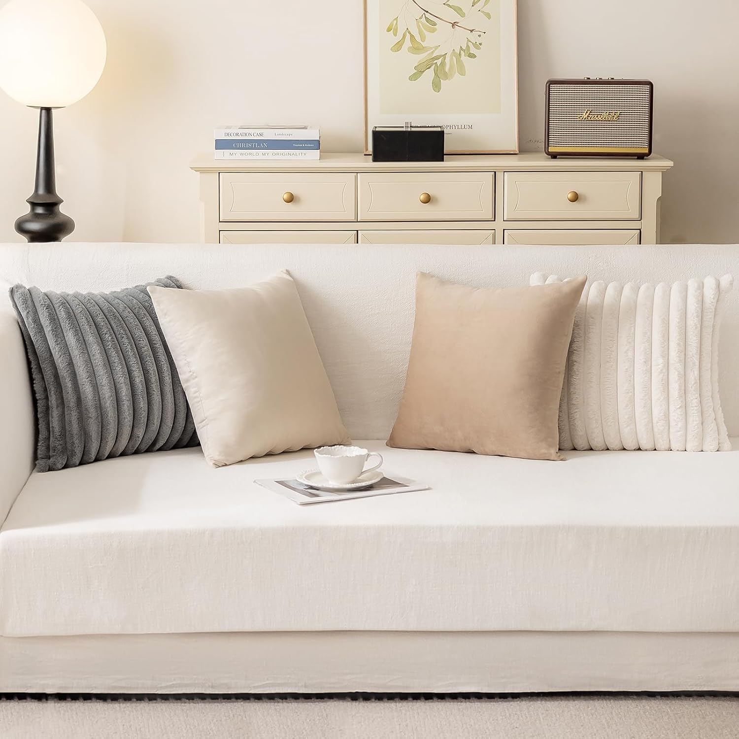 MOSAYT Faux Fur Double Throw Pillow Covers 18x18, Set of 2, Plush Velvet Soft Pillow Case,Fluffy Striped Decorative Couch Pillow Covers for Sofa, Bedroom, Living Room(Snow White) - Image 6