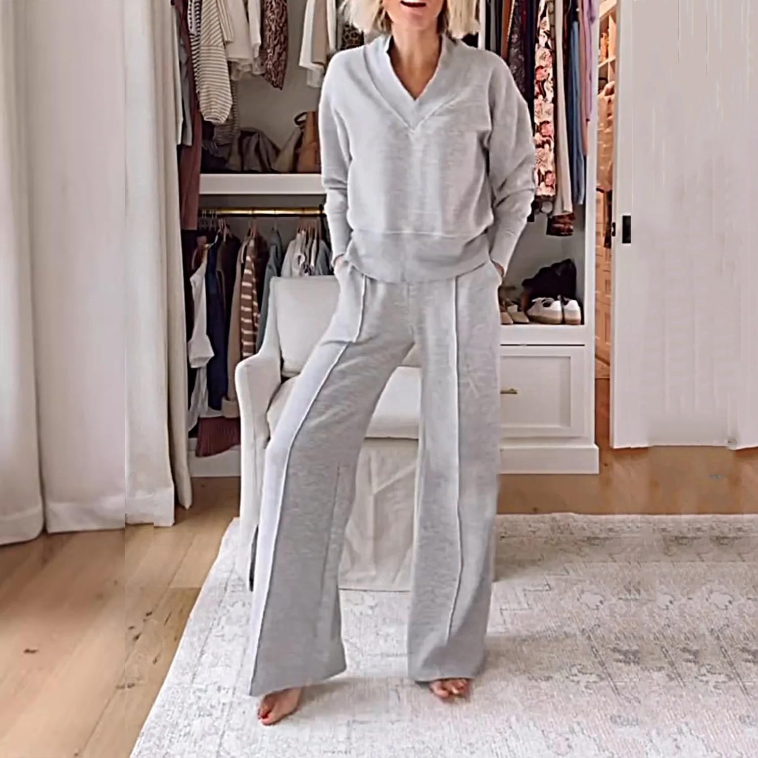 Conjunto de Dos Piezas de Top y pantalón con Escote en V de Color Liso para Mujer, Conjuntos Casuales de Mujer con Pantalones Largos de Pierna Ancha, Conjunto de salón de otoño (XXL,Claret)