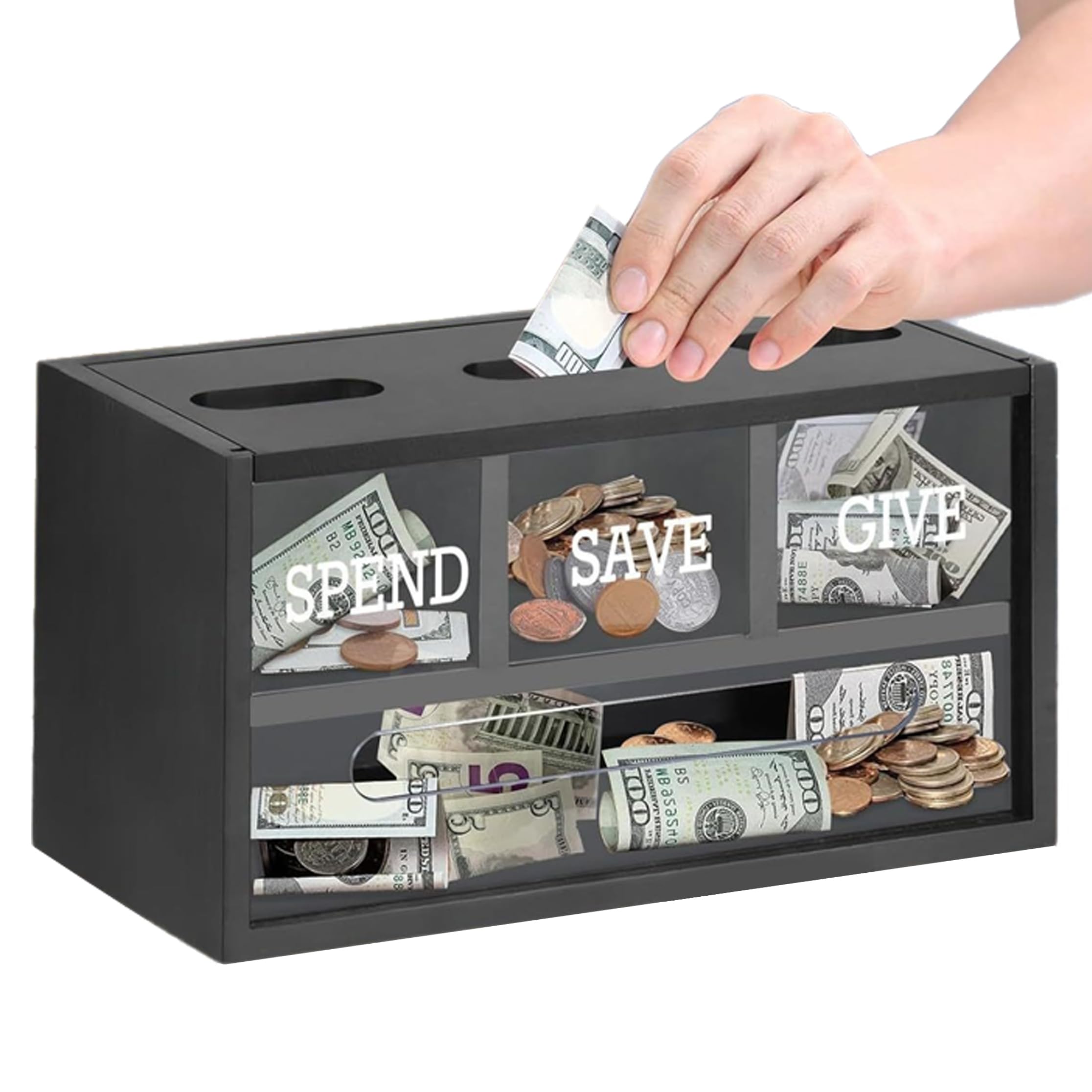 Ginwrek Kids Bank Save Spend Give Bank for Kids, 3-Compartments Wooden Money Saving Box Wall Mount & Countertop Money with Visible Window, Black