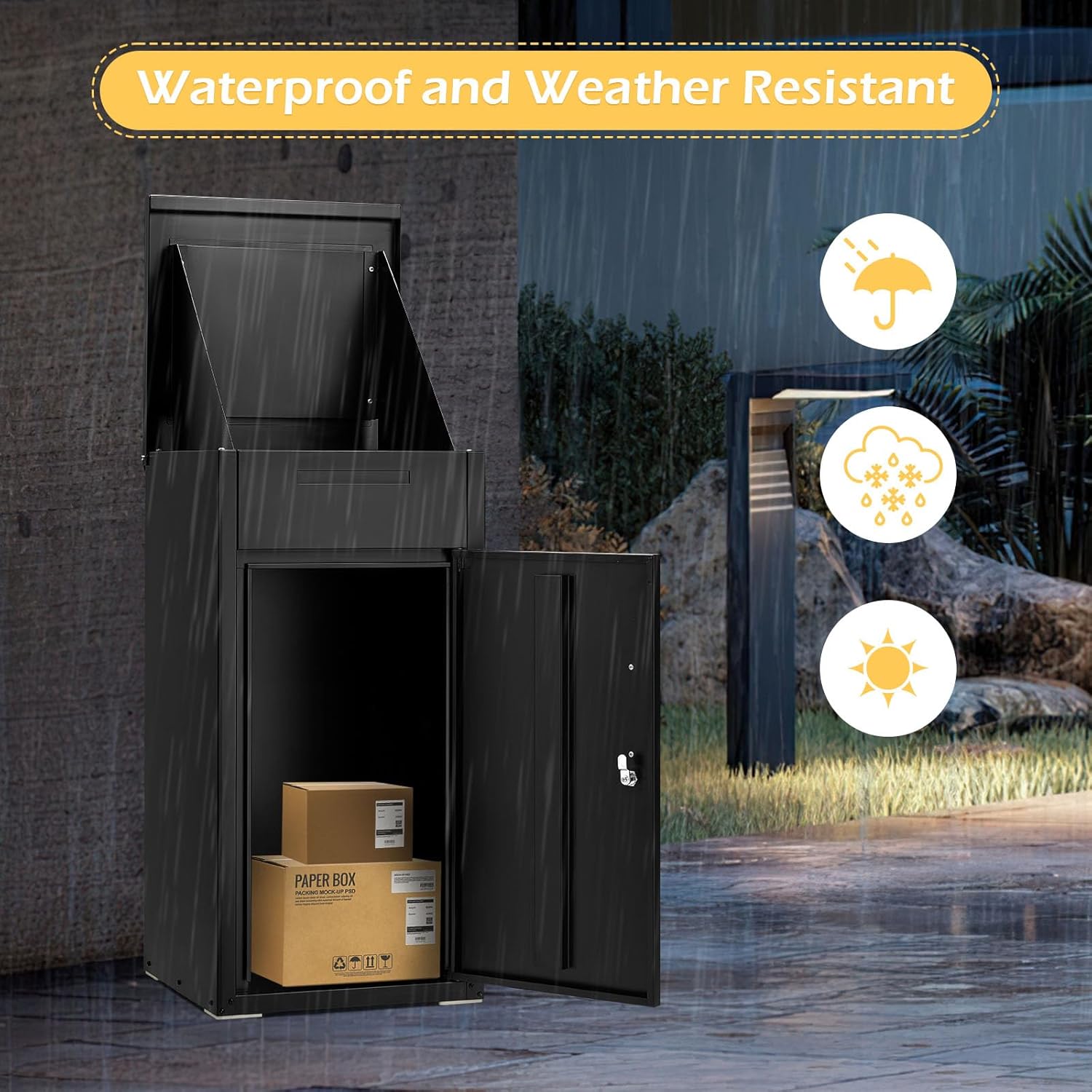 Package Delivery Boxes for Outside Large 38.3" x 17" x 16" Anti-Theft Galvanized Steel Parcel Drop Box Lockable with Mailbox Weather Resistant for Porch Fence Curbside Black
