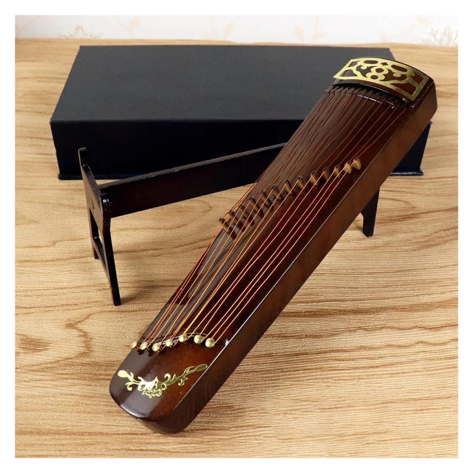 Model Mini Instrumentu Muzycznego Miniaturowy Model Guzheng Ze Stojakiem I Etui Mini Cytra Mini Chińskie Tradycyjne Ozdoby Na Instrumenty Muzyczne(12cm)