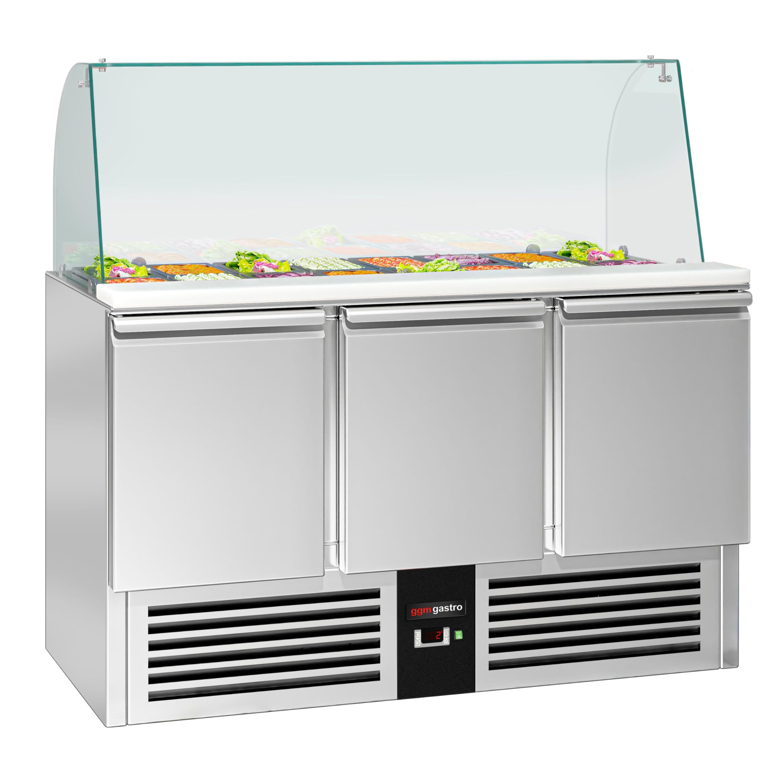 GGM Gastro Saladette PREMIUM - 4x GN 1/1 - Tapa de vidrio alta - 3 puertas - 368 litros - 240 W - Función de descongelación automática - Frente negro - Acero inoxidable - SAG147DRG#GSG147