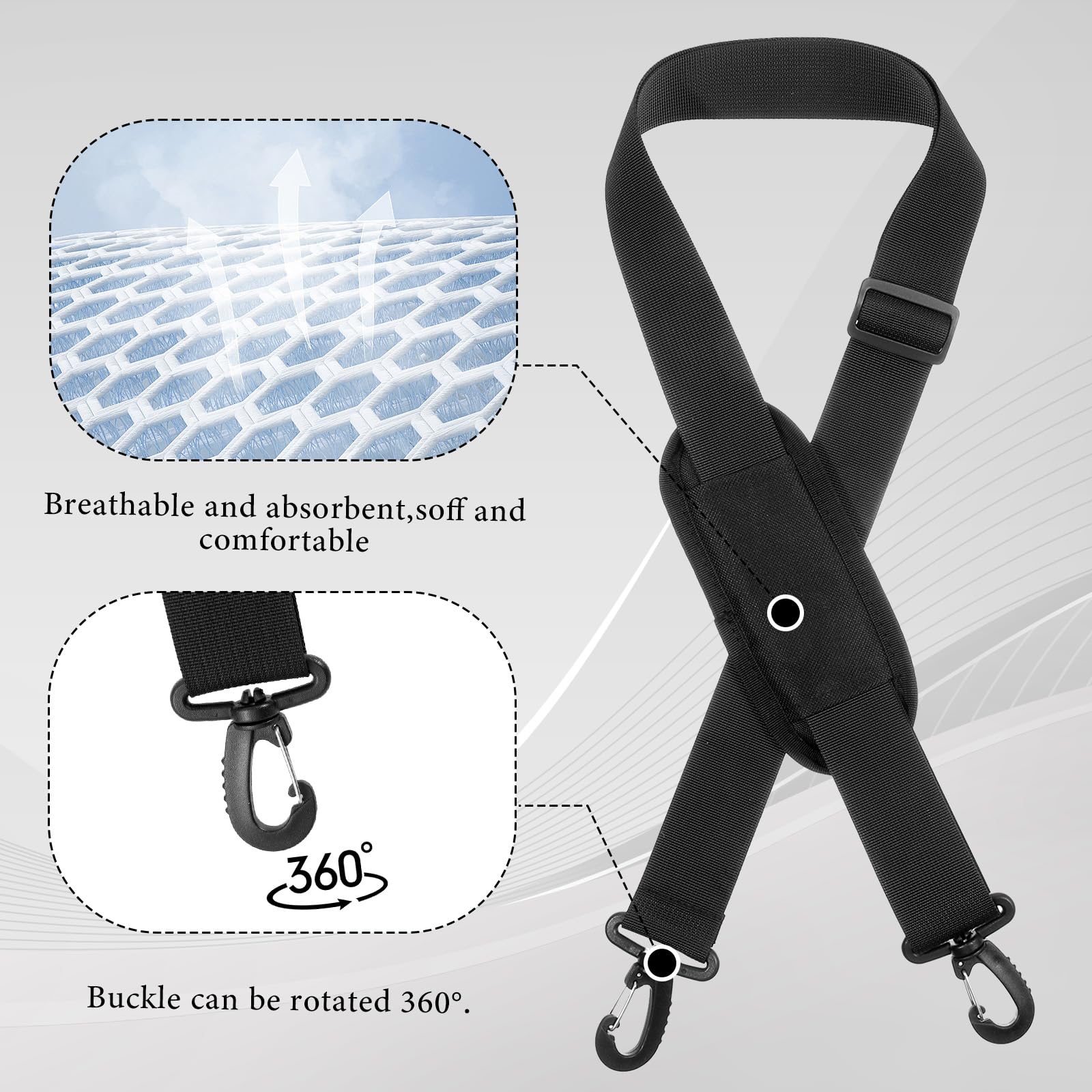 TIESOME Uniwersalny zapasowy pasek na ramię do laptopa, 150 cm, regulowany pasek do torby marynarskiej z metalowymi haczykami, do teczki, laptopa, torby kurierskiej, torby crossbody, bagażu, aparatu