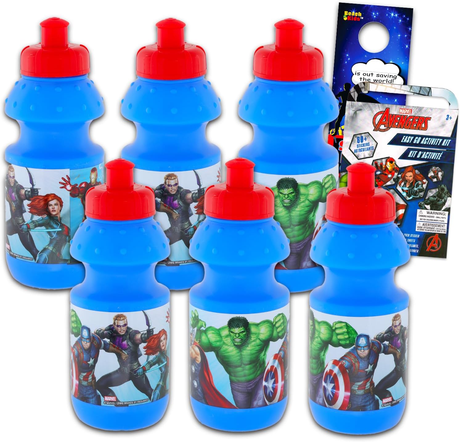 Avengers Reusable Water Bottle Set – Marvel 6 Piece Party Favor Bundle of 11oz Bottle with Pull Top Lid and Stickers | Bulk Avengers Sports Pack