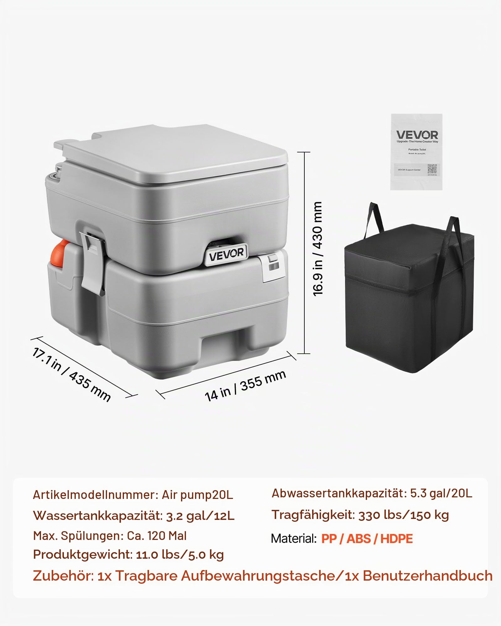 VEVOR Tragbare Toilette mit 20 L Abnehmbarem Abwassertank & 120 Spülungen, Campingtoilette Reisetoilette mit Füllstandsanzeige, Geeignet für Wohnmobilreisen Camping Wandern Bootsfahrten Ausflüge