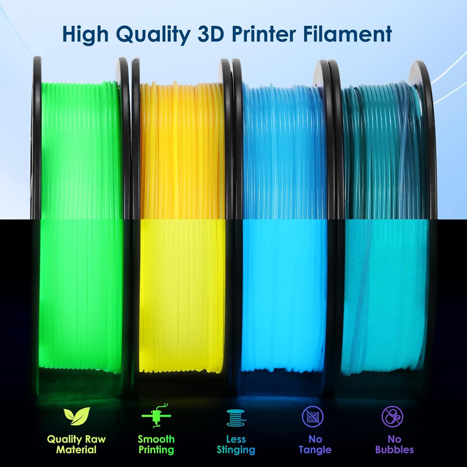 RepRapper 4 x 250g Glow Colors Pack, Glow in the Dark PLA Filament 1.75mm (+- 0.03mm) for 3D Printer, 4x250g Spools - Green, Blue, Yellow, Rainbow
