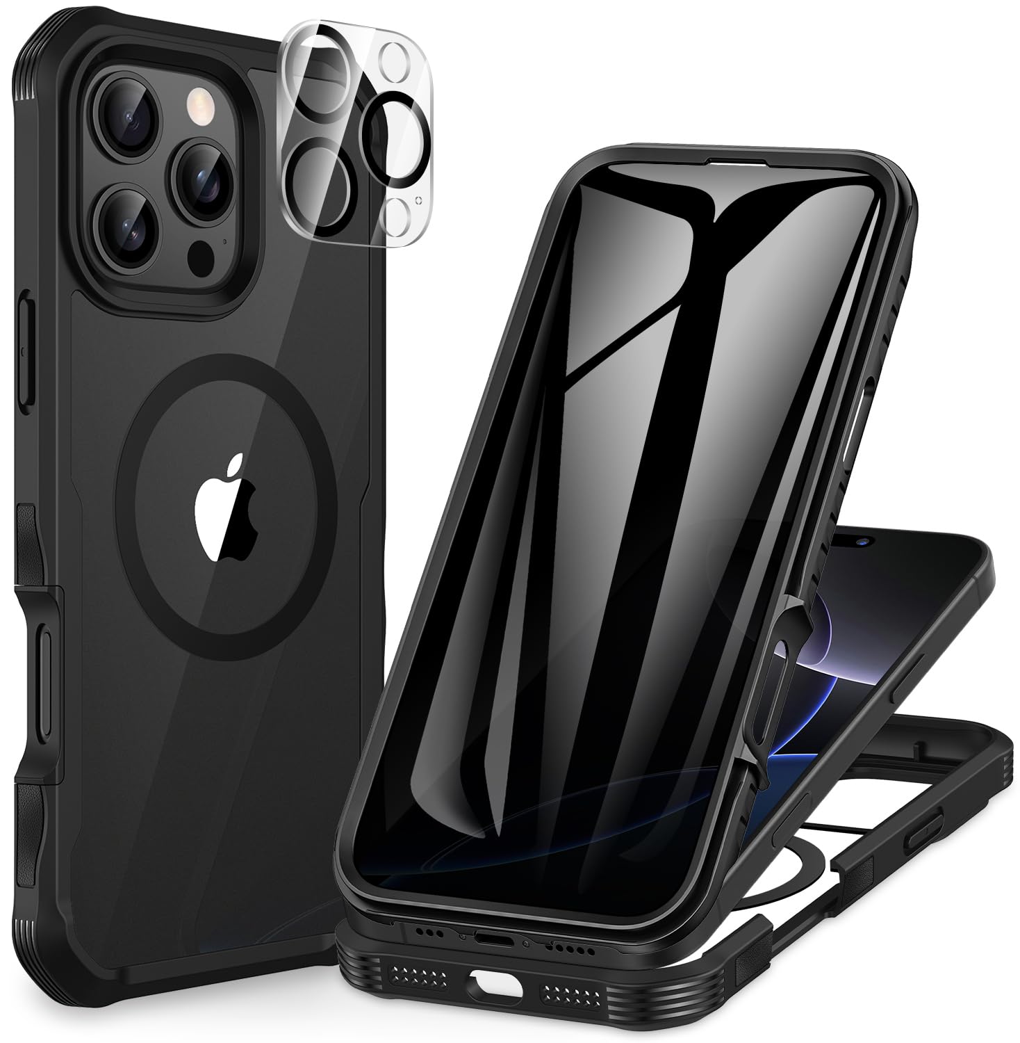 CENHUFO für iPhone 16 Pro Hülle, Kompatibel mit MagSafe Eingebautem Panzerglas Displayschutz und Kameraschutz 360 Grad Schutzhülle Stoßfest Cover Case Magnetisch Handyhülle iPhone 16 Pro - Schwarz