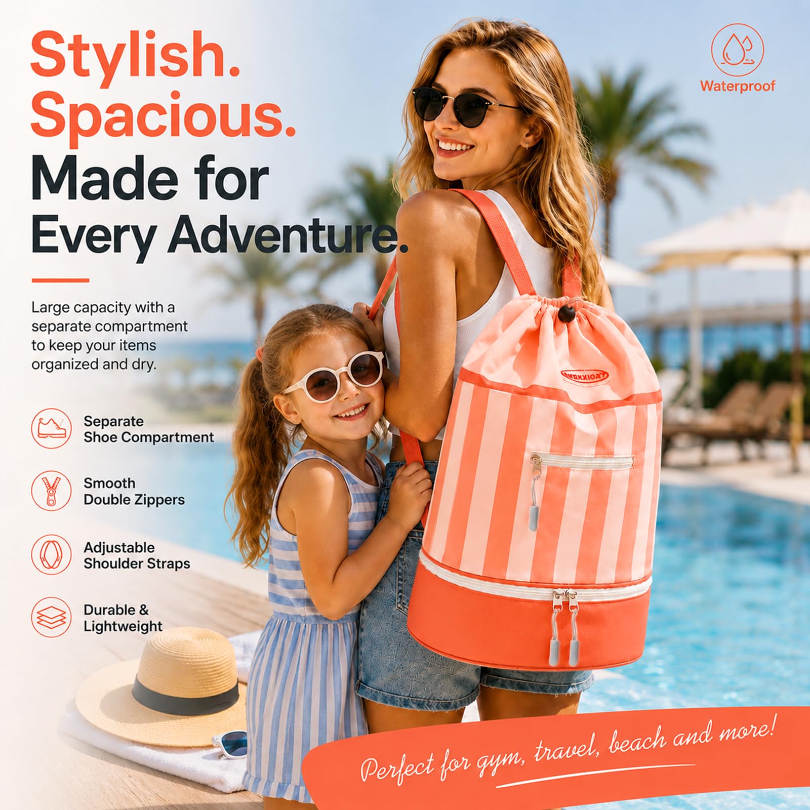 dellyy Mochila de Natación para Niños, Mochila Piscina Niña Impermeable con Compartimento para Zapatos, Bolsa de Natación für Pool, Strand und Reisen (Polvo de naranja)