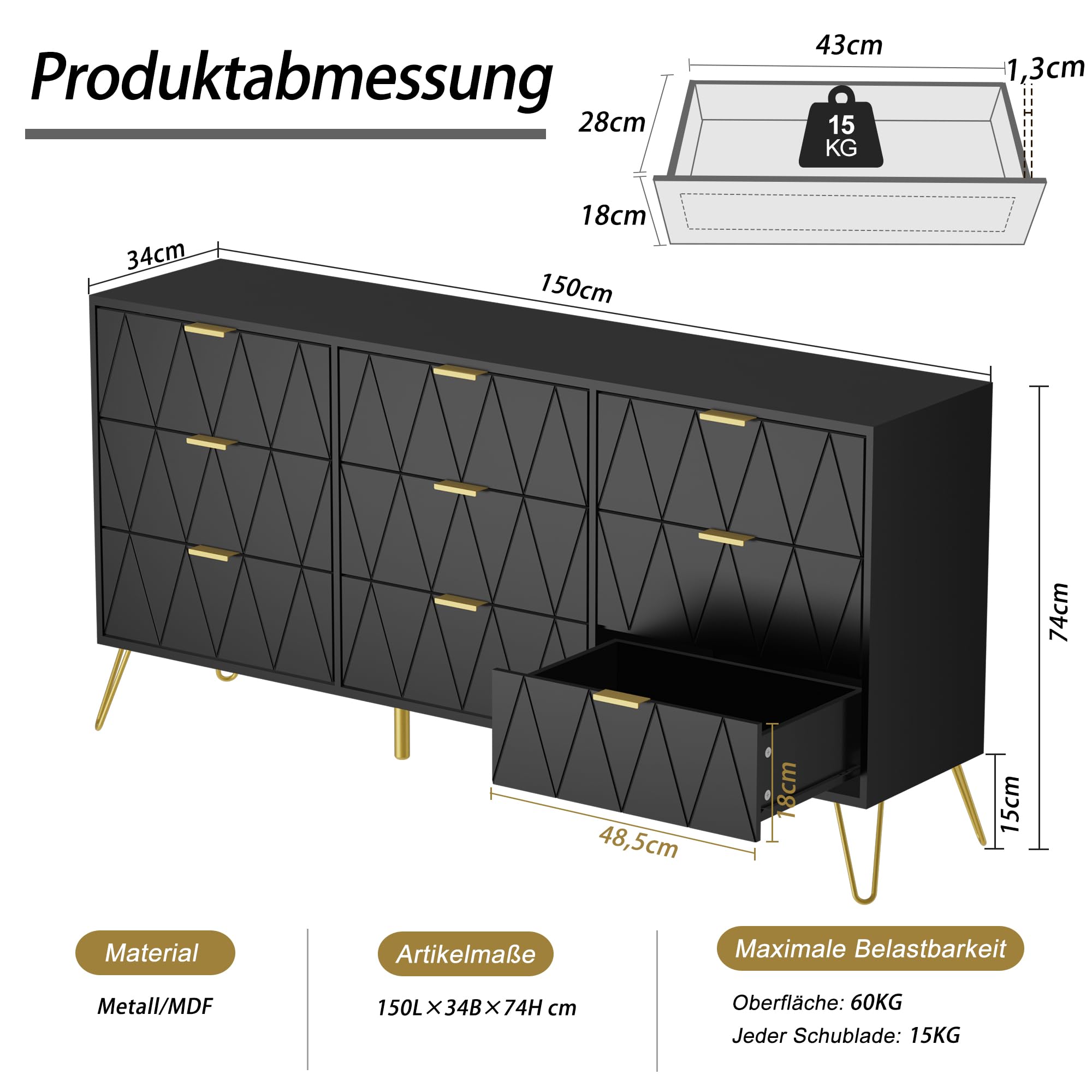 UEV Schlafzimmer Komplett-Set in schwarz, 3er-Set Schlafzimmermöbel, Kommode mit 9 Schubladen und 2er-Set Nachttisch, Goldene Griffe und Füße, Linienmuster, Skandinavisch für Wohnzimmer, Schlafzimmer