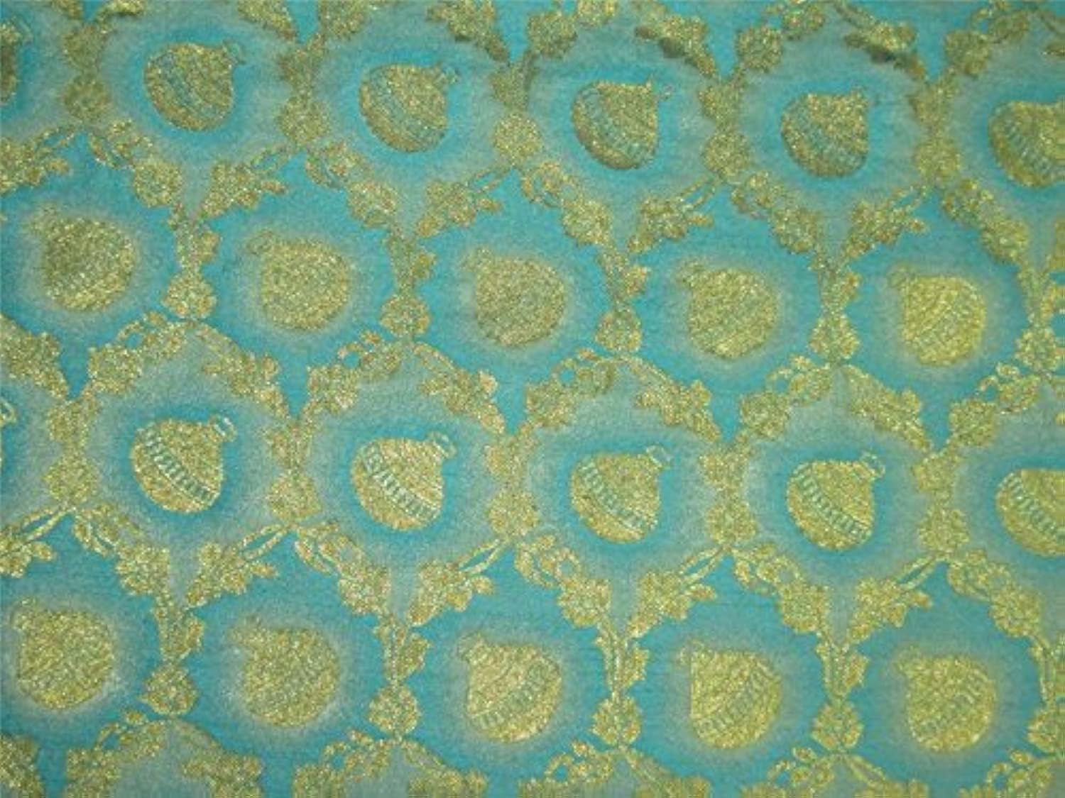 Tissu brocart bleu mer or métallique BRO598 rigide qui garde sa tenue