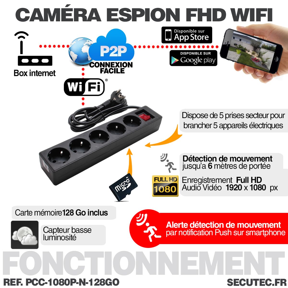 Multiprise Noire Caméra Cachée HD 1080P WiFi Vision Détection de Mouvement Écoute à Distance Mémoire 128Go Incluse