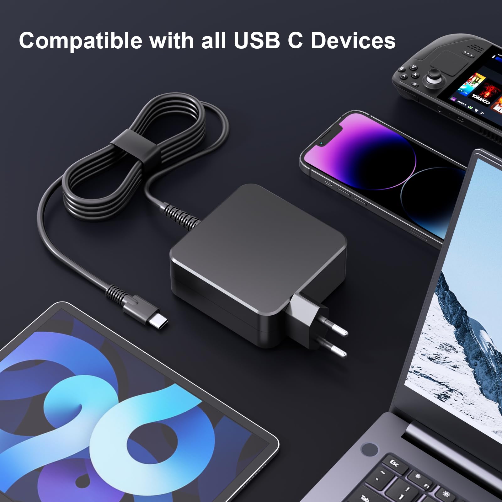 Caricatore USB C 65W PD Alimentatore Rapido per Lenovo ThinkPad Yoga Chromebook Steam Deck