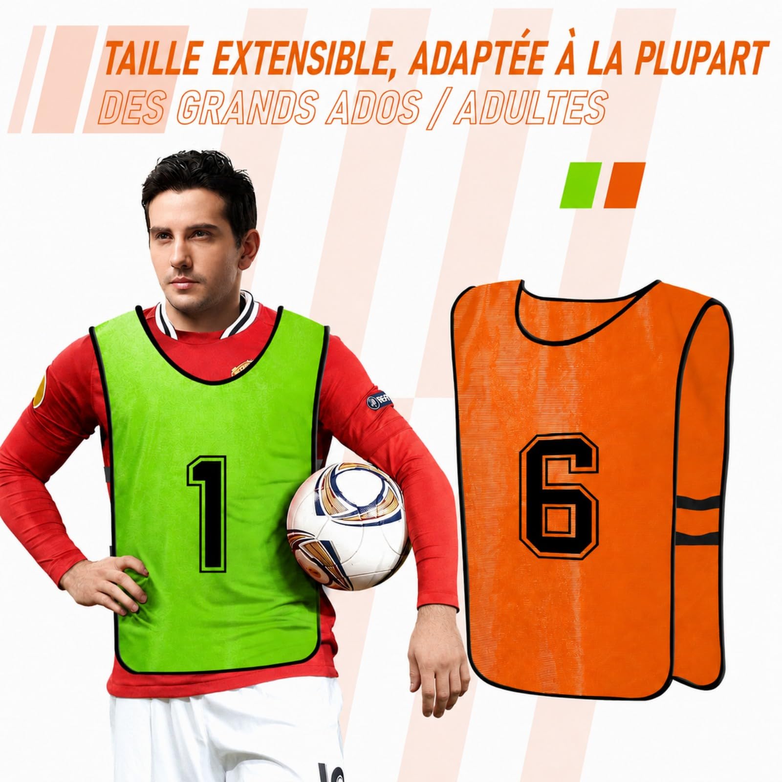 Chasubles de Football Adulte – Lot de 12 Gilets d’Entraînement Réversibles Numérotés pour Matchs et Sports d’Équipe – Maillots Respirants pour Foot, Basket, Volley – Vert/Orange