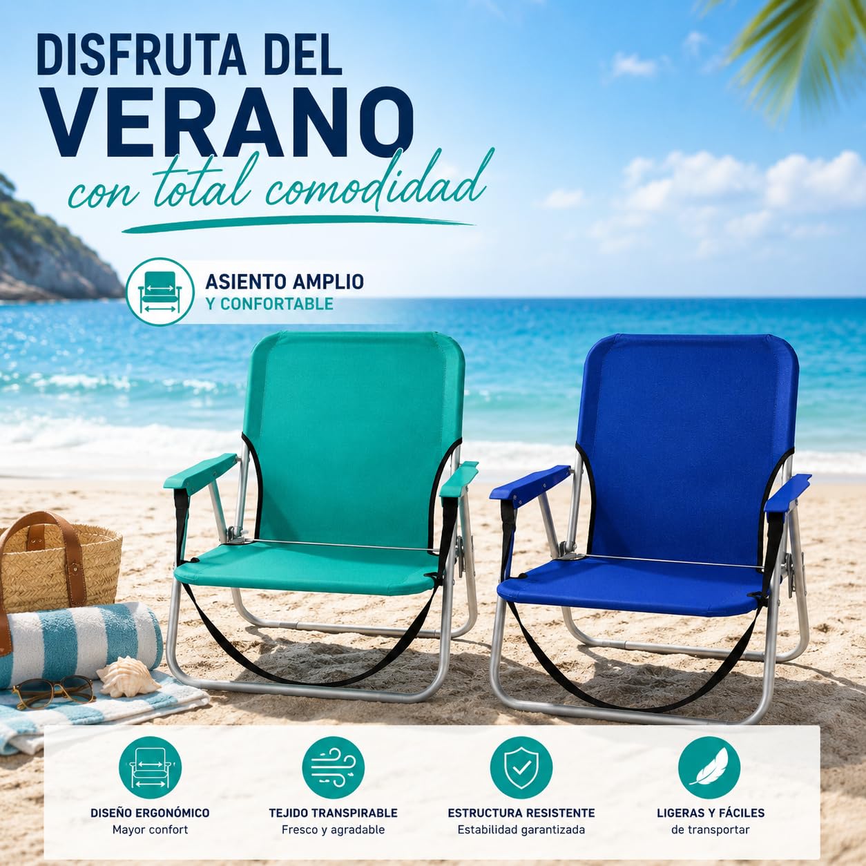 TIENDA EURASIA – Pack de 2 Sillas de Playa Plegables | Ligeras y Portátiles con Asa de Transporte | Estructura Metálica Resistente | 1 Posición Fija | Ideales para Playa y Exterior (Azul y Verde)